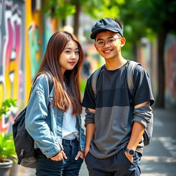 A beautiful Korean teenage girl with long, straight hair wearing a fashionable casual outfit, stands facing an Indonesian handsome teenage boy with a friendly smile, dressed in stylish streetwear