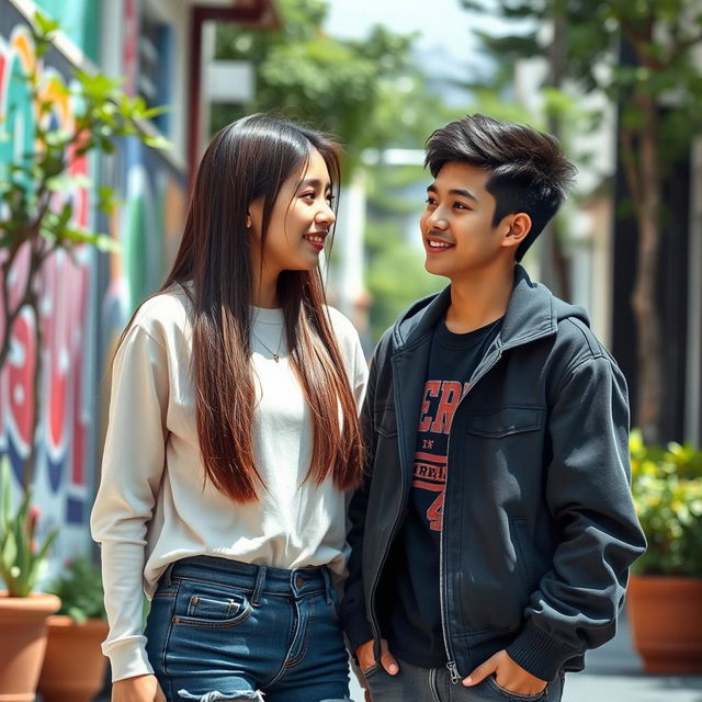 A beautiful Korean teenage girl with long, straight hair wearing a fashionable casual outfit, stands facing an Indonesian handsome teenage boy with a friendly smile, dressed in stylish streetwear