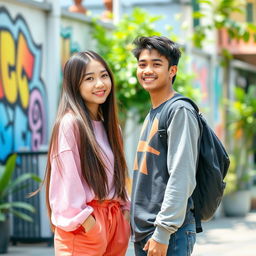 A beautiful Korean teenage girl with long, straight hair wearing a fashionable casual outfit, stands facing an Indonesian handsome teenage boy with a friendly smile, dressed in stylish streetwear