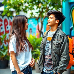 A beautiful Korean teenage girl with long, straight hair wearing a fashionable casual outfit, stands facing an Indonesian handsome teenage boy with a friendly smile, dressed in stylish streetwear