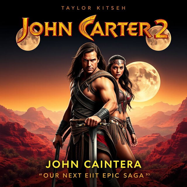 An exciting teaser poster for 'John Carter 2' (2024), prominently featuring Taylor Kitsch as John Carter and Lynn Collins as Dejah Thoris