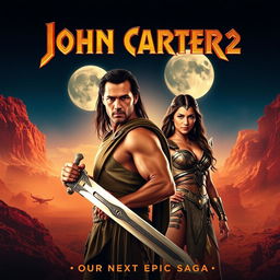 An exciting teaser poster for 'John Carter 2' (2024), prominently featuring Taylor Kitsch as John Carter and Lynn Collins as Dejah Thoris