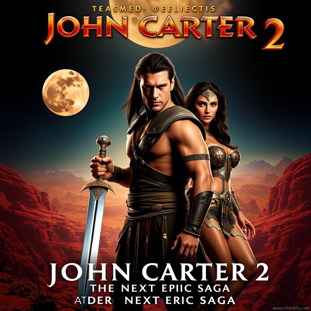 An exciting teaser poster for 'John Carter 2' (2024), prominently featuring Taylor Kitsch as John Carter and Lynn Collins as Dejah Thoris