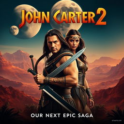 An exciting teaser poster for 'John Carter 2' (2024), prominently featuring Taylor Kitsch as John Carter and Lynn Collins as Dejah Thoris