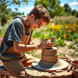 A young artisan, a teenager, engaged in the art of pottery making outdoors, skillfully shaping a clay bird on a potter's wheel