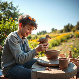 A young artisan, a teenager, engaged in the art of pottery making outdoors, skillfully shaping a clay bird on a potter's wheel