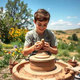 A young artisan, a teenager, engaged in the art of pottery making outdoors, skillfully shaping a clay bird on a potter's wheel