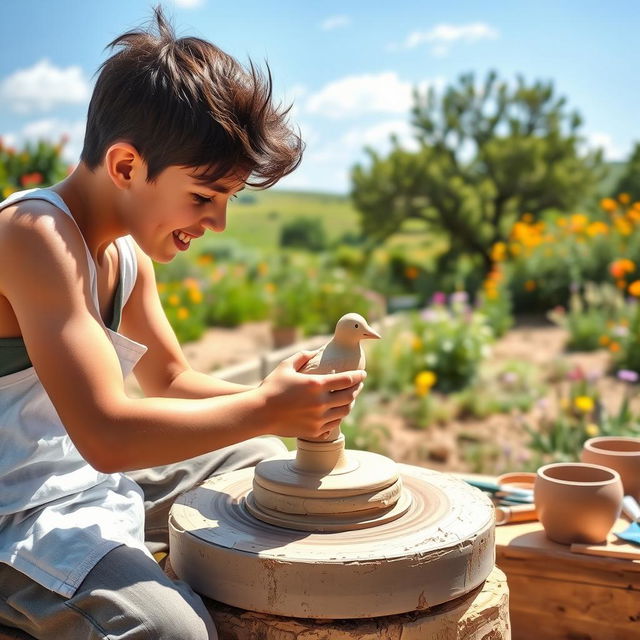 A young artisan, a teenager, engaged in the art of pottery making outdoors, skillfully shaping a clay bird on a potter's wheel