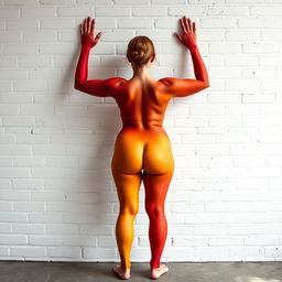 Full length, head to toe view of an hourglass-shaped redhead woman, naked except for bold and bright colored body paint covering her entirely from head to toe