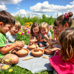A scene depicting children joyfully engaged in pottery, shaping clay into bird figures on small potter's wheels