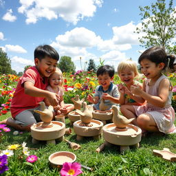 A scene depicting children joyfully engaged in pottery, shaping clay into bird figures on small potter's wheels