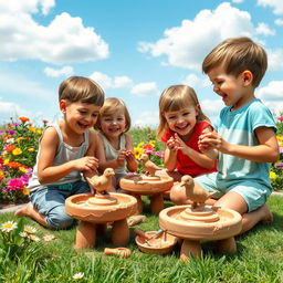 A scene depicting children joyfully engaged in pottery, shaping clay into bird figures on small potter's wheels