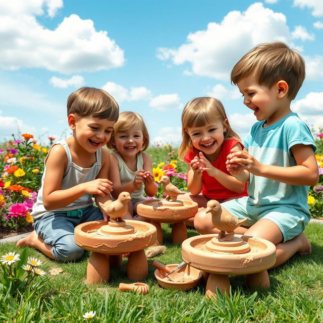 A scene depicting children joyfully engaged in pottery, shaping clay into bird figures on small potter's wheels