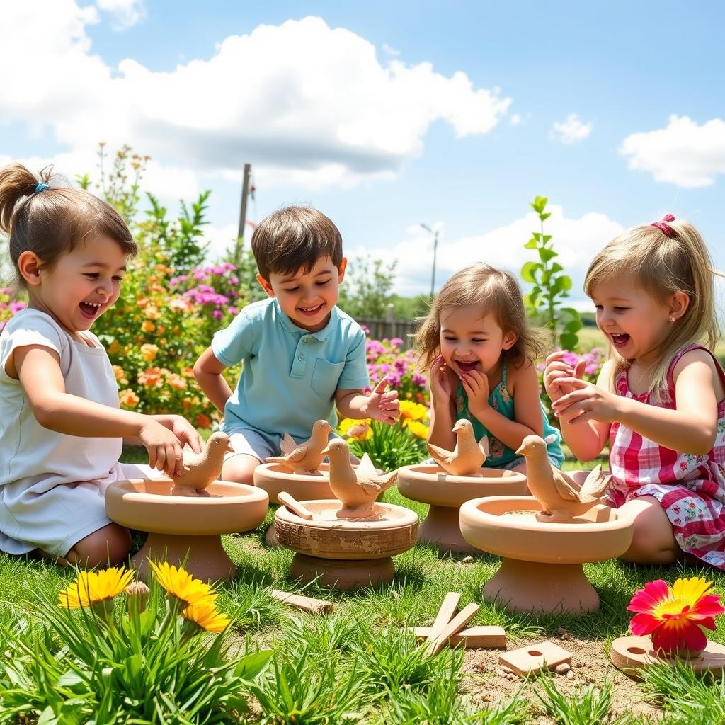 A scene depicting children joyfully engaged in pottery, shaping clay into bird figures on small potter's wheels