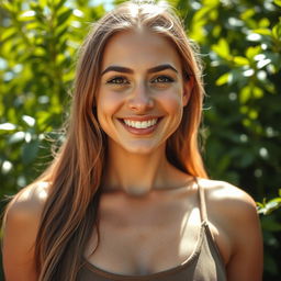 A close-up portrait of a confident woman with natural beauty, showcasing her hairy armpits in a bright, sunny environment