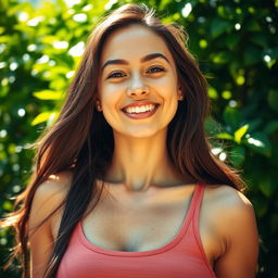 A close-up portrait of a confident woman with natural beauty, showcasing her hairy armpits in a bright, sunny environment