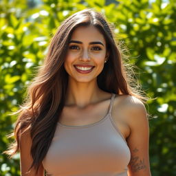 A close-up portrait of a confident woman with natural beauty, showcasing her hairy armpits in a bright, sunny environment