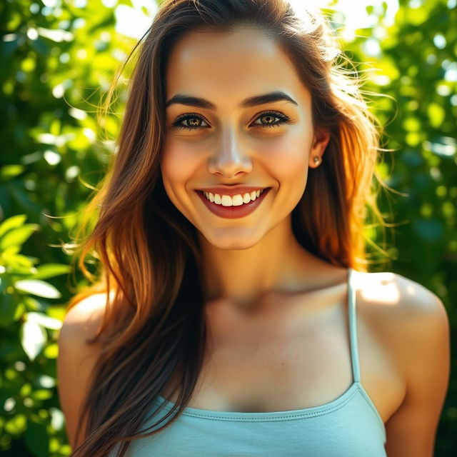 A close-up portrait of a confident woman with natural beauty, showcasing her hairy armpits in a bright, sunny environment