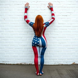 Full length, head to toe view of a 21-year-old hourglass-shaped girl with long flame red hair, creatively covered in full body paint of the American flag from head to toe