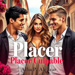 Design a captivating book cover for 'Placer Culpable', featuring a stunning girl positioned between two very attractive boys, set against a beautiful Italian backdrop