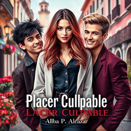 Design a captivating book cover for 'Placer Culpable', featuring a stunning girl positioned between two very attractive boys, set against a beautiful Italian backdrop