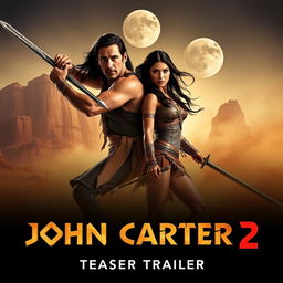 A thrilling teaser trailer promotional image for 'John Carter 2', featuring Taylor Kitsch as John Carter and Lynn Collins as Dejah Thoris