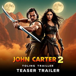 A thrilling teaser trailer promotional image for 'John Carter 2', featuring Taylor Kitsch as John Carter and Lynn Collins as Dejah Thoris