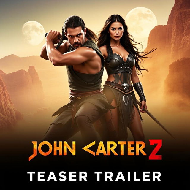 A thrilling teaser trailer promotional image for 'John Carter 2', featuring Taylor Kitsch as John Carter and Lynn Collins as Dejah Thoris