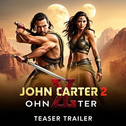 A thrilling teaser trailer promotional image for 'John Carter 2', featuring Taylor Kitsch as John Carter and Lynn Collins as Dejah Thoris