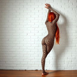 Full length, head to toe view of a 21-year-old hourglass-shaped girl with long flame red hair, naked except for full leopard skin body paint covering her entirely from head to toe