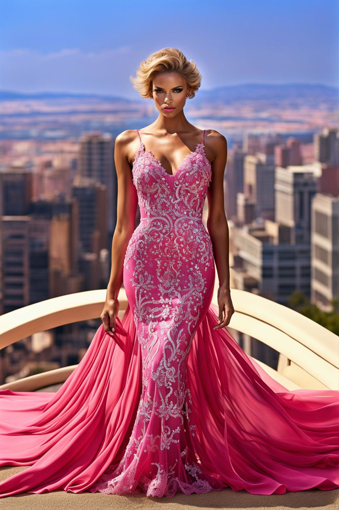 A high-definition, editorial magazine photograph of a model in an even more exquisite hot pink spaghetti strap dress with intricate lace and sequin details