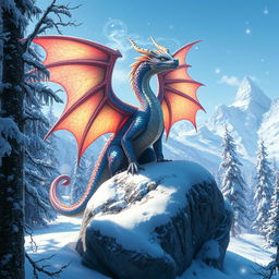 A magnificent magic dragon with iridescent scales perched majestically on a snow-covered rock in a fantasy winter forest