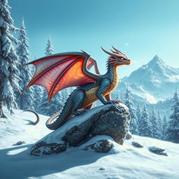 A magnificent magic dragon with iridescent scales perched majestically on a snow-covered rock in a fantasy winter forest