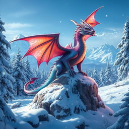 A magnificent magic dragon with iridescent scales perched majestically on a snow-covered rock in a fantasy winter forest