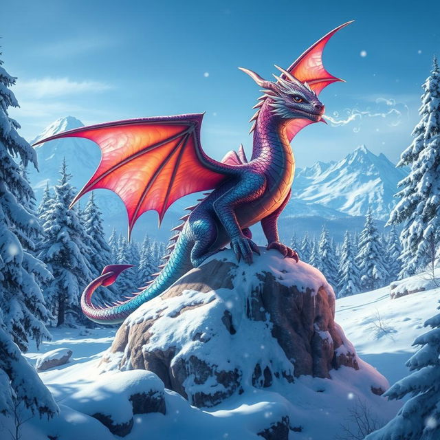 A magnificent magic dragon with iridescent scales perched majestically on a snow-covered rock in a fantasy winter forest