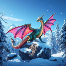 A magnificent magic dragon with iridescent scales perched majestically on a snow-covered rock in a fantasy winter forest