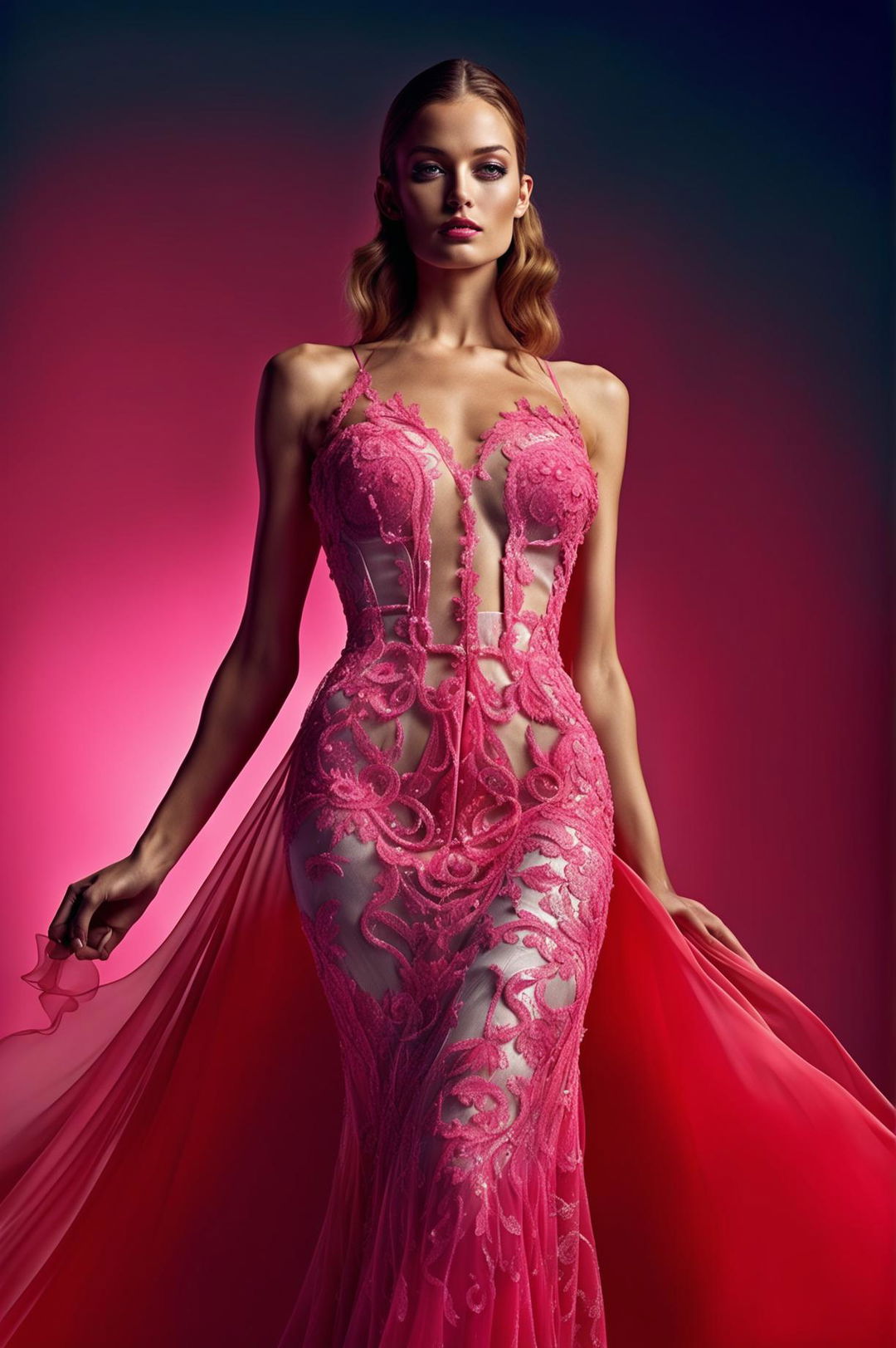 A high-definition, editorial magazine photograph of a model in a more captivating hot pink spaghetti strap dress with intricate lace and sequin details