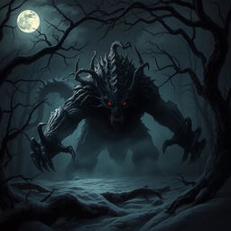 A terrifying beast lurking in a dark winter forest, shrouded in shadows and surrounded by gnarled trees