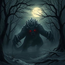 A terrifying beast lurking in a dark winter forest, shrouded in shadows and surrounded by gnarled trees