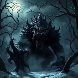 A terrifying beast lurking in a dark winter forest, shrouded in shadows and surrounded by gnarled trees