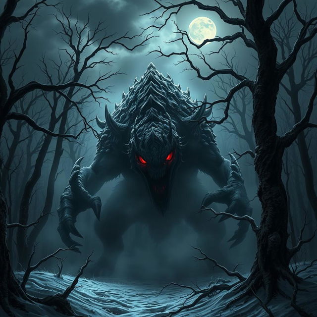 A terrifying beast lurking in a dark winter forest, shrouded in shadows and surrounded by gnarled trees