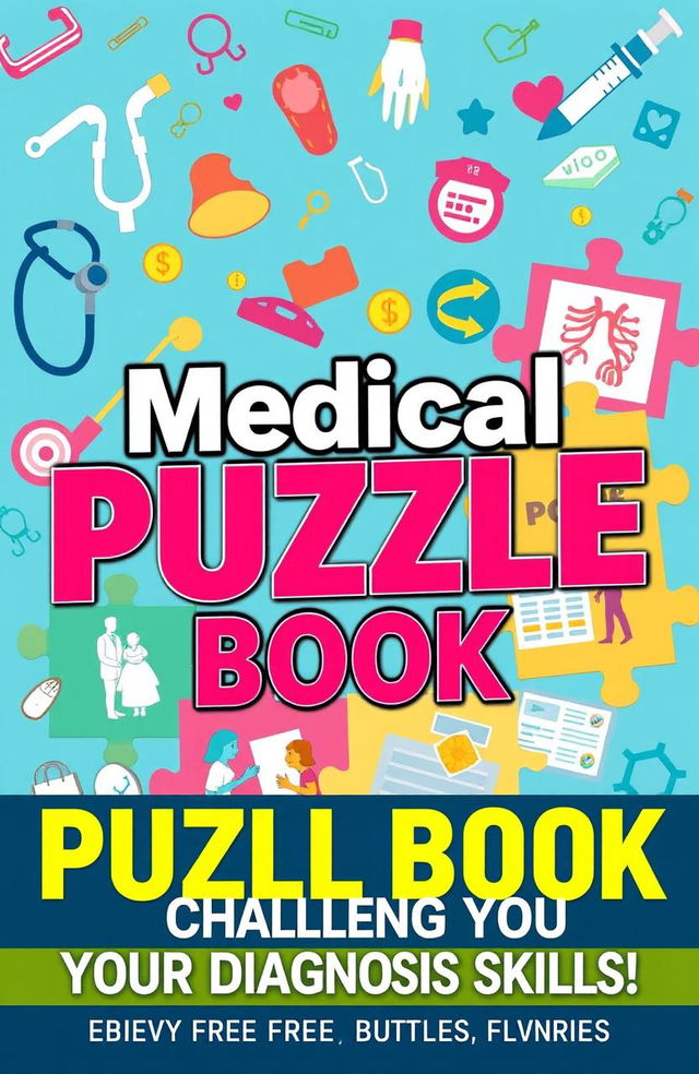 A colorful and engaging cover for a medical puzzle book, featuring vibrant illustrations of medical symbols, such as a stethoscope, syringe, and anatomical charts