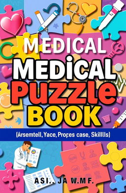 A colorful and engaging cover for a medical puzzle book, featuring vibrant illustrations of medical symbols, such as a stethoscope, syringe, and anatomical charts