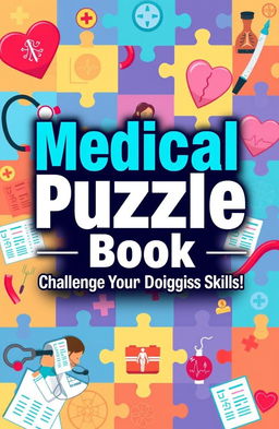 A colorful and engaging cover for a medical puzzle book, featuring vibrant illustrations of medical symbols, such as a stethoscope, syringe, and anatomical charts
