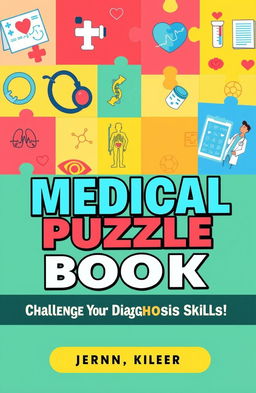 A colorful and engaging cover for a medical puzzle book, featuring vibrant illustrations of medical symbols, such as a stethoscope, syringe, and anatomical charts