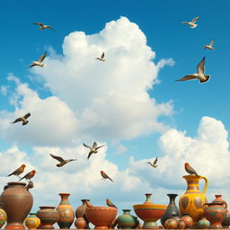 A beautiful sky filled with soft, fluffy clouds and a vibrant blue backdrop, featuring various handcrafted pottery scattered throughout the scene