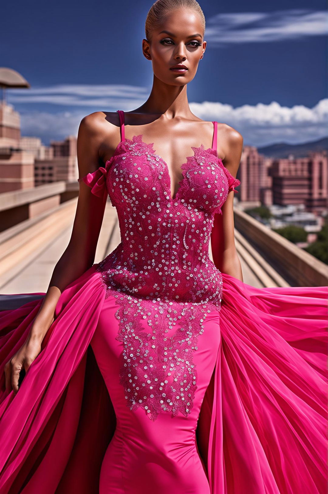 A high-definition, editorial magazine photograph of a model in a more stunning hot pink spaghetti strap dress with intricate lace and sequin details