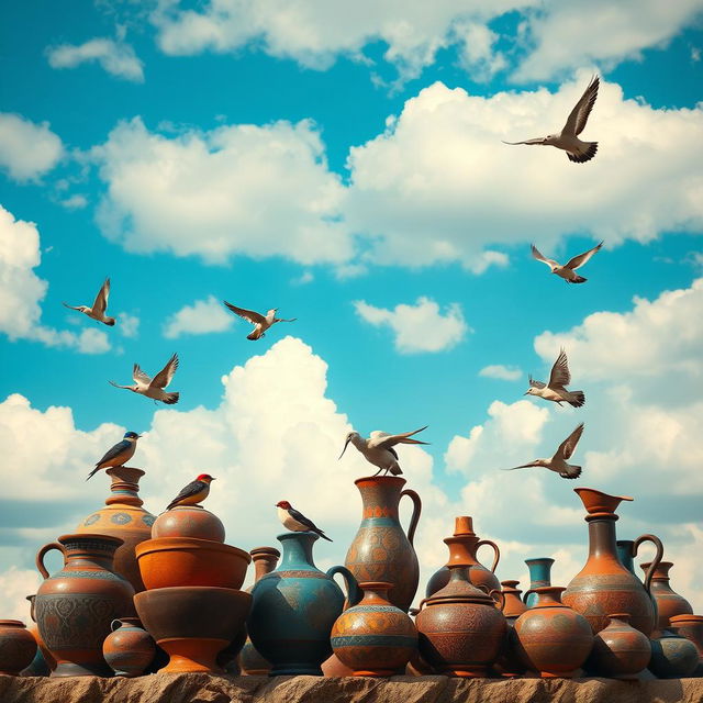 A beautiful sky filled with soft, fluffy clouds and a vibrant blue backdrop, featuring various handcrafted pottery scattered throughout the scene