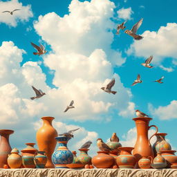 A beautiful sky filled with soft, fluffy clouds and a vibrant blue backdrop, featuring various handcrafted pottery scattered throughout the scene