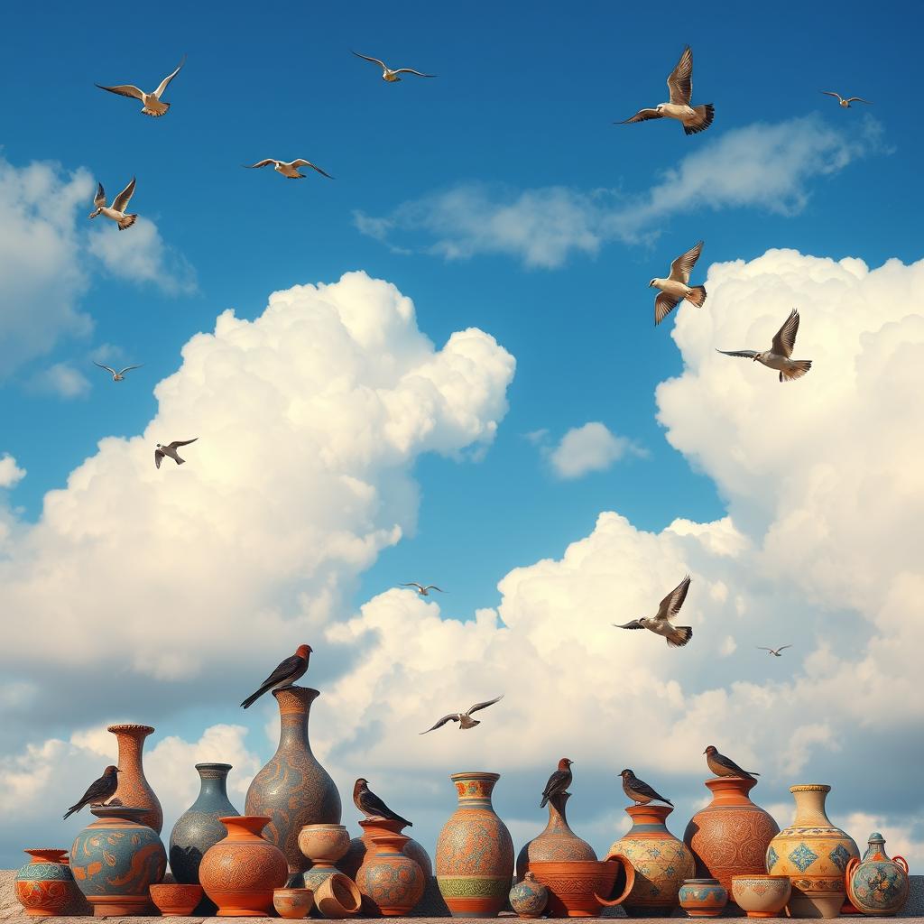 A beautiful sky filled with soft, fluffy clouds and a vibrant blue backdrop, featuring various handcrafted pottery scattered throughout the scene